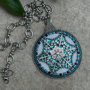 Snowflake pendant, handmade bead embroidered medallion.